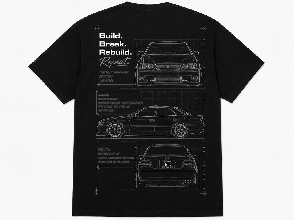 A black short-sleeve t-shirt shown from the front and back. The front features a white '3ōK Motorsports' logo on the left chest, and the back features a white technical drawing of a Toyota Chaser with text.