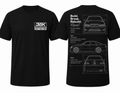 A black short-sleeve t-shirt shown from the front and back. The front features a white '36K Engineering' logo on the left chest, and the back features a white technical drawing of a Toyota Chaser with text.
