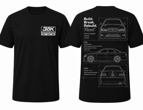 A black short-sleeve t-shirt shown from the front and back. The front features a white '36K Engineering' logo on the left chest, and the back features a white technical drawing of a Toyota Chaser with text.