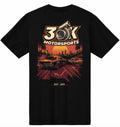 A black short-sleeve t-shirt with a large graphic print on the back featuring the text '3ōK MOTORSPORTS' and a sunset scene with cars and palm trees.