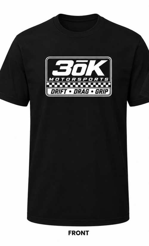 A black short-sleeve crewneck t-shirt featuring a white and black '30K Motorsports' graphic on the chest, displayed against a white background with black letterboxing bars at the top and bottom.